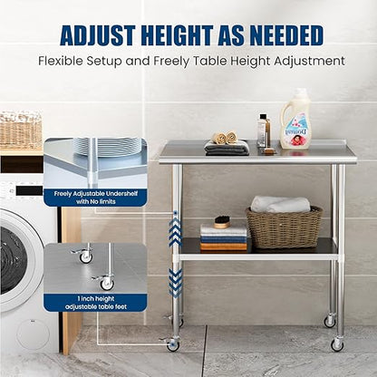 Stainless Steel Table with Wheels 18 x 36 Inches Metal Prep Table with Backsplash & Caster, Adjustable Undershelf for Commercial Kitchen, Outdoor, Restaurant, Hotel & Garage