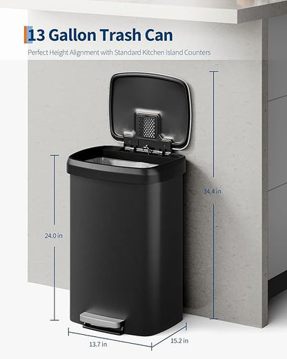 Garvee 13 gal / 50 L Plastic Trash Can with Lid, Large Garbage Can for Kitchen, Rustproof Step-on Kitchen Trash Bin with Liner Rim, Rear Handle, Soft Close Lid, Black