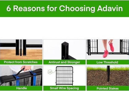 ADAVIN 32 in(H) Garden Fence with Low Threshold Gate, 8 Panels Total 17.7 Ft(L) Tall Garden Fencing for Raised Beds, Outdoor or Indoor Dog Playpen, Black Iron Metal Heavy Duty Dog Fencing