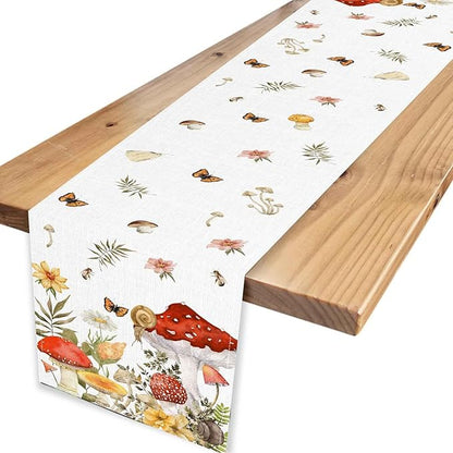 Mushroom Table Runner, Rustic Farmhouse Forest Plants Botanical Wildfloral Coffee Table Center Decor for Home Kitchen Dining Patio Holiday Party Indoor Outdoor Table Decorations, 13"x108" Inch