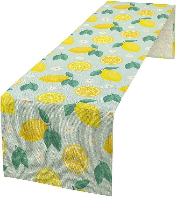Spring Lemon Table Runner, Summer Seasonal Green Leaves Flowers Yellow Fruit Print Table Runner for Farmhouse Kitchen Dining Table Home Party Decor 13x90in