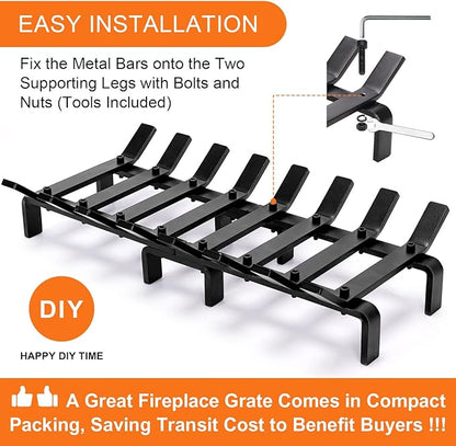 20" Fireplace Grate Wood Stove Grate Rack Stove Burning Rack Heavy Duty Solid Steel 8-Bars Firewood Holder Easy Assembly Fire Grate for Indoor Hearth Outdoor Firepit Matt Black