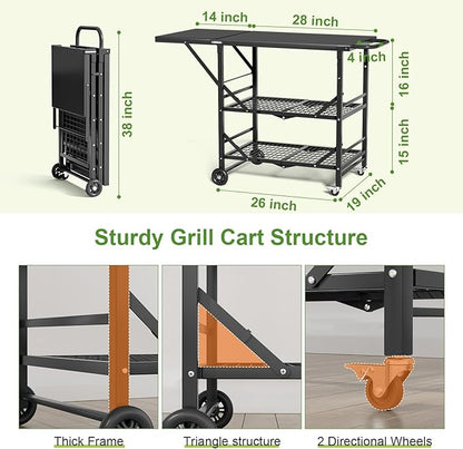 Himix Folding Grill Cart-3 Tier Outdoor Grill Cart with Wheels, Grill Table for Outside Pizza Oven Cooking Prep Table, Portable Bar Cart Grill Station
