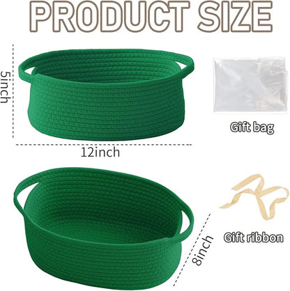 Woven Basket,Small Rope Storage Bin with Handles & Ribbon Bag, Organizer for Shelves Closets,Gift Basket Empty for Birthday,Books,Dog Toys, Green/3 Pack