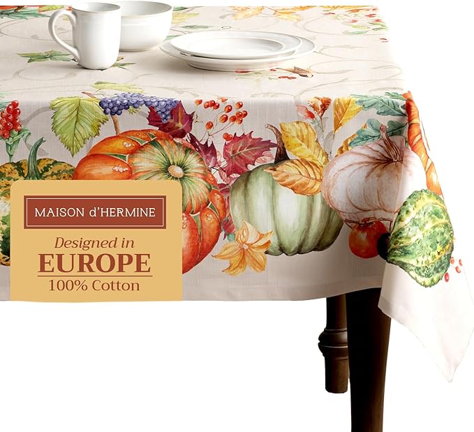 Maison d' Hermine Table Cloth Rectangle Table 100% Cotton 70 x 90 Inches Fall Tablecloth Reusable Everyday Use for Thanksgiving Christmas Decorations Dining Farmhouse Party (Lumina)