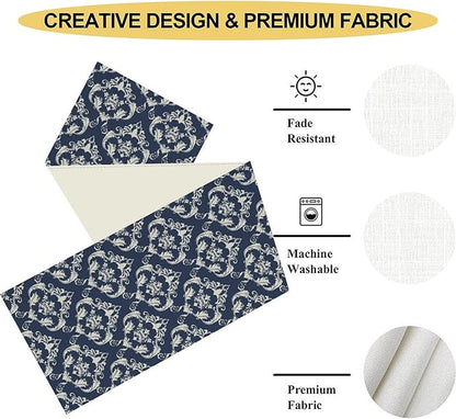 Blue Damask Table Runner, Rustic Gothic Baroque Style Floral Bohemian Boho Flower Antique Vintage Coffee Table Center Decor for Kitchen and Dining Outdoor Country Party Table Decorations, 13"x72"