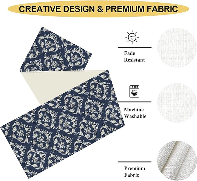 Blue Damask Table Runner, Rustic Gothic Baroque Style Floral Bohemian Boho Flower Antique Vintage Coffee Table Center Decor for Kitchen and Dining Outdoor Country Party Table Decorations, 13"x108"