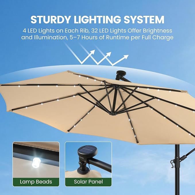 10FT Patio Umbrella with Solar Lights and Base - Image 8
