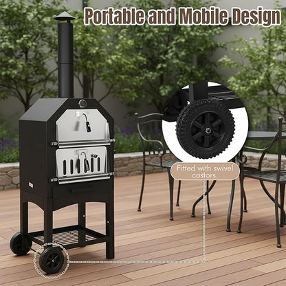 Outdoor Wood Fired Pizza Oven with Firewood Storage, Side Shelves, Cordierite Pizza Stone & Peel, 2 Cooking Grills, Thermometer, Portable Patio Pizza Maker for Backyard Parties and Camping