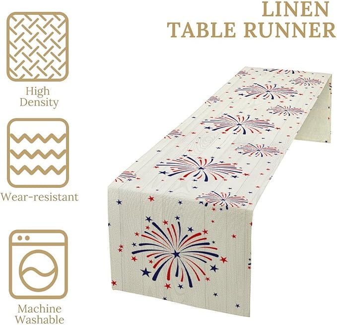 Fireworks Table Runner, 4th of July Patriotic Memorial Day American Independence Day Table Runner for Holiday Kitchen Dining Holiday 13x70in