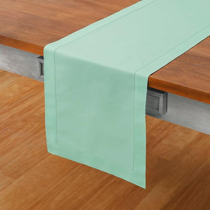 Solino Home Table Runner 108 Inches Long - Cotton Linen Hemstitch Aqua Table Runner 14 x 108 Inch for Winter, Spring, Easter