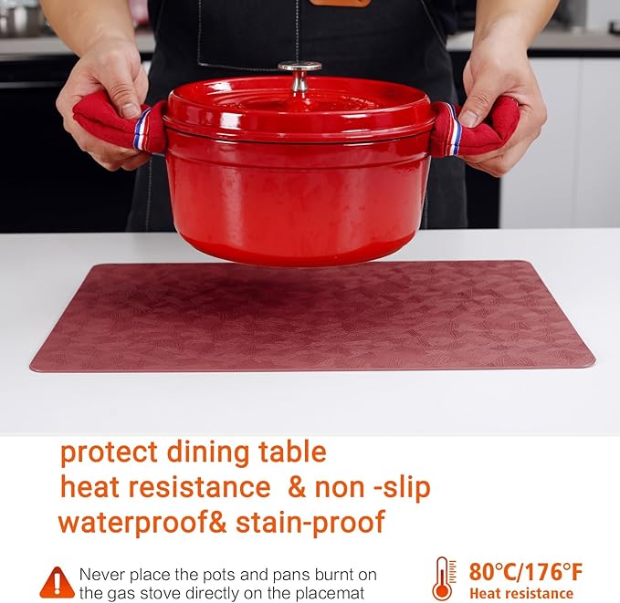 Vinyl Placemats Set of 4 Heat Resistant Easy Clean Non-Slip Place Mats for Dining Table. Faux Leather Waterproof Stain Resistant Wipeable Washable PU Table Mats(4, Red)