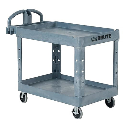 Rubbermaid Commercial Products BRUTE Heavy Duty 2-Shelf Utility/Service Cart, Medium, Lipped Shelves, Ergonomic Handle, 500 lbs. Capacity, Gray, for Warehouse/Garage/Cleaning/Maintenance/Stadiums
