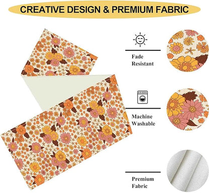 Groovy Floral Table Runner, Retro 70s Hippie Floral Funky Orange Floral Trippy Coffee Table Center Decor for Home Kitchen Dining Patio Holiday Party Indoor Outdoor Table Decorations, 13"x72" Inch