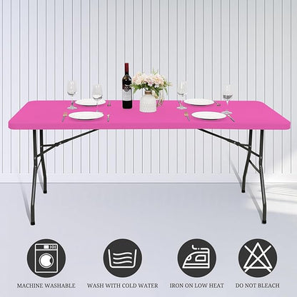 10 Pack Fitted Tablecloth for 6 Foot Rectangle Tables, Hot Pink Elastic Outdoor Picnic Table Cover, Washable Stretch Folding Table Cloths 6 ft for Camping Party Patio Kitchen Banquet, 30" W x 72" L