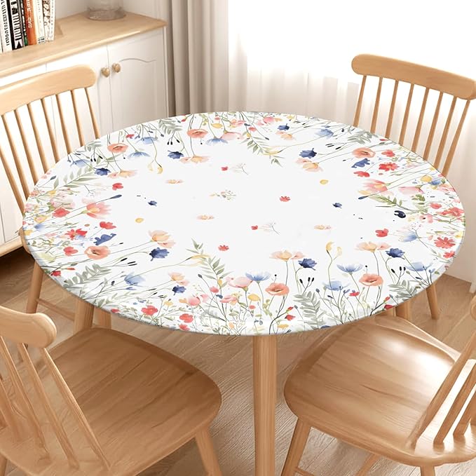 Spring Summer Floral Round Fitted Tablecloth with Elastic Watercolor Farmhouse Wildflower Circle Table Cloth for 36-40" Tables Wipeable Waterproof Easter Flower Table Cover for Picnic Dining Outdoor