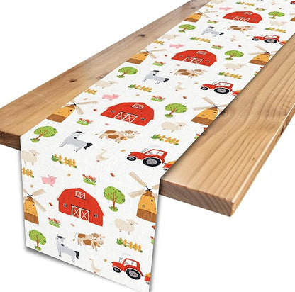 Farm Animals Table Runner, Rustic Farmhouse Cow Pig Rooster Watercolor Coffee Table Center Decor for Home Kitchen Dining Patio Holiday Party Indoor Outdoor Table Decorations, 13"x90" Inch