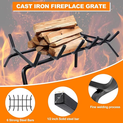 Fireplace Grate,Fireplace Log Holder,27 inch Heavy Duty Solid Cast Iron FIrewood Log Burning Rack for Inside The Fireplace Accessories Outood Fire Pit Kindling Fireplace Tools