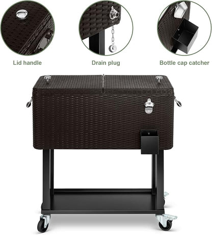 EDOSTORY 80 Quart Rolling Ice Chest Cooler Cart,Patio Backyard Party Drink Beverage Bar Stand Up Cooler Trolley with Ice Scoop