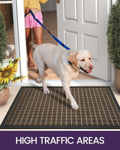 DEXI Front Door Mat Outside Entrance, 17x29 Rubber Entry Doormat Heavy Duty, Welcome Mats Non Slip for Inside House Floor Entryway Double Doors Exterior Patio, Checkered Brown