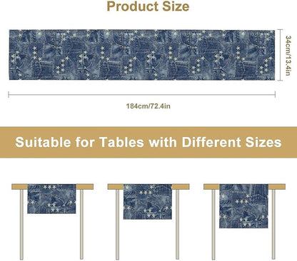 Patchwork Table Runner, Vintage Romance Jeans Pentagram Splicing Print Table Runner for Kitchen Dining Picnic Coffee Home 13x90in