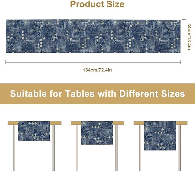 Patchwork Table Runner, Vintage Romance Jeans Pentagram Splicing Print Table Runner for Kitchen Dining Picnic Coffee Home 13x36in