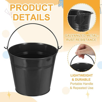 Small Metal Buckets, Mini Buckets with Handle Galvanized Colored Tin Pail Containers Basket Party Supplies - Fit for (Halloween - Classroom Crafts) 6" & 10Pcs & Black