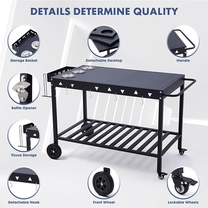 Portable Outdoor Grill Table with Wheels, Heavy-Duty Griddle Stand Grill Cart with Shelves,Towel Holder, Spice Pots & Bottle Opener, Multi-Functional BBQ Prep Station & Utility Cart