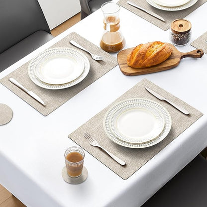 MOSAYT Placemats Set of 4, Heat Resistant Vinyl Place Mats with Coasters, 100% Waterproof Wipeable & Washable Faux Leather Table Mats for Kitchen Dining Party Indoor Outdoor, 12" x 17", Beige