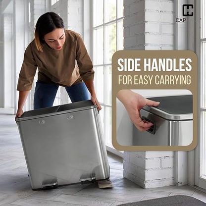 CAPHAUS Dual Trash Can with Double Lid, Trash and Recycle Bins Combo, Hands-free Stainless-Steel Garbage Can for Kitchen, with 2 Compartment, Hinged Lid, Odor Filters, Handles, 25L+25L, 2 x 6.6 Gallon