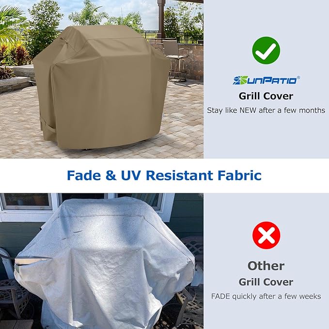 SunPatio Gas Grill Cover 60 Inch, Heavy Duty Waterproof Outdoor Barbecue Cover with Sealed Seam, FadeStop Material, All Weather Resistant Compatible for Weber CharBroil Nexgrill Grills and More, Taupe