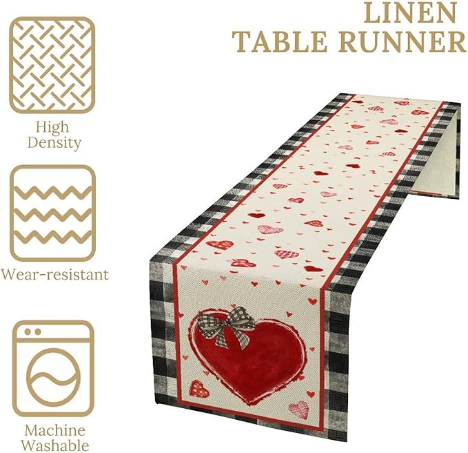 Valentines Day Table Runner,Vintage Red Black Heart Buffalo Plaid Valentines Decor for Table Seasonal Lovely Decor for Indoor Outdoor Dining Table Decorations, 13"x90"
