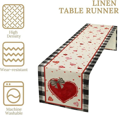 Valentines Day Table Runner,Vintage Red Black Heart Buffalo Plaid Valentines Decor for Table Seasonal Lovely Decor for Indoor Outdoor Dining Table Decorations, 13"x90"