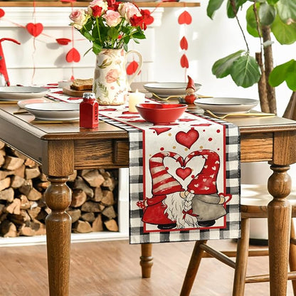 Artoid Mode Watercolor Hearts Gnomes Love Table Runner, Seasonal Anniversary Wedding HoliKitchen Dining Table Decoration for Indoor Outdoor Home Decor 13x48 Inch