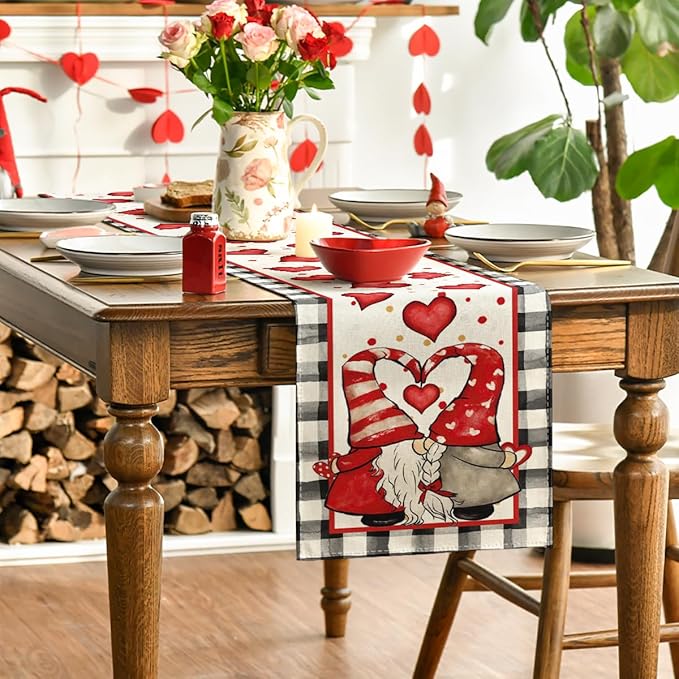 Artoid Mode Watercolor Hearts Gnomes Love Table Runner, Seasonal Anniversary Wedding HoliKitchen Dining Table Decoration for Indoor Outdoor Home Decor 13x72 Inch