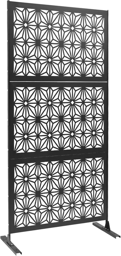 75" H×35" W Decorative Outdoor Privacy Screen with Stand, Outdoor Decor Privacy Fence Screen Metal Fence Panels, Free Standing Metal Divider for Patio Lawn Deck (Black-Snowflake)