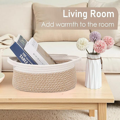 Woven Basket,Small Rope Storage Bin with Handles & Ribbon Bag, Organizer for Shelves Closets,Gift Basket Empty for Birthday,Books,Dog Toys, White&Brown Block/3 Pack