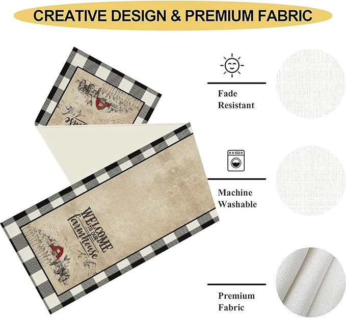 Farmhouse Table Runner, Rustic Country Barn Cottage Check Animal Coffee Table Center Decor for Home Kitchen Dining Patio Holiday Party Indoor Outdoor Table Decorations 13"x72"