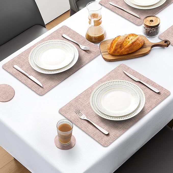 MOSAYT Faux Leather Placemats Set of 4, Heat Resistant Vinyl Place Mats with Coasters, Wipeable Washable Waterproof Oil Proof Table Mats for Kitchen Dining Indoor Outdoor, 12" x 17", Pink