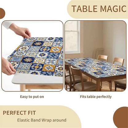 Rectangle Table Cloth Cover Waterproof Elastic Fitted Polyester Fitted Tablecloths for 8 Foot Tables for Indoor,Picnic, Camping, Outdoor （96" x 30"，Bohemian Style）