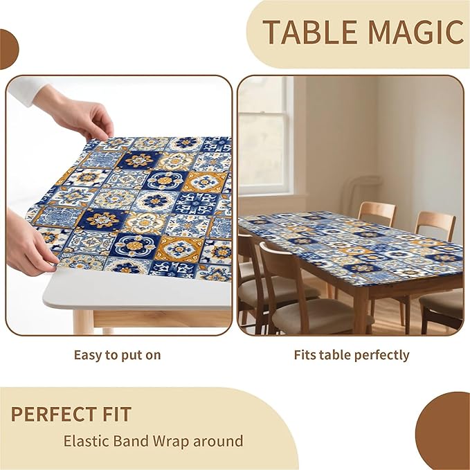 Rectangle Table Cloth Cover Waterproof Elastic Fitted Polyester Fitted Tablecloths for 6 Foot Tables for Indoor,Picnic, Camping, Outdoor （60" x 30"，Bohemian Style）