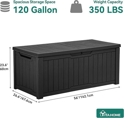 YITAHOME 120 Gallon Large Deck Box, Resin Outdoor Storage Box for Outdoor Pillows, Garden Tools and Pool Supplies, Waterproof, Lockable, Black