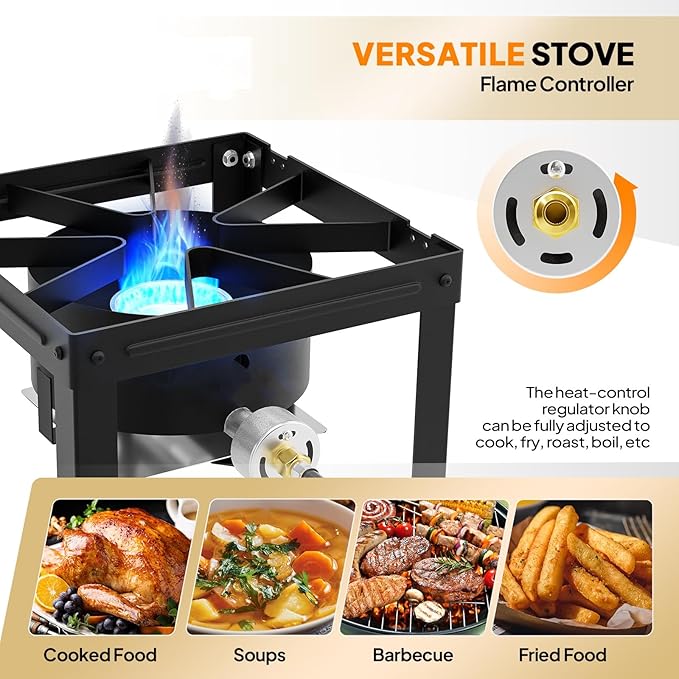 Bonnlo Single Burner Propane Stove with Foldable Side Shelf, 75000BTU Portable Propane Burner with Adjustment Regulator, Gas Stove for Outdoor Camping Patio Cooking Turkey Frying Seafood Boiling