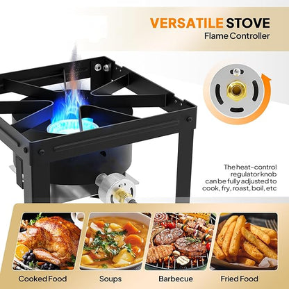 Bonnlo Single Burner Propane Stove with Foldable Side Shelf, 75000BTU Portable Propane Burner with Adjustment Regulator, Gas Stove for Outdoor Camping Patio Cooking Turkey Frying Seafood Boiling
