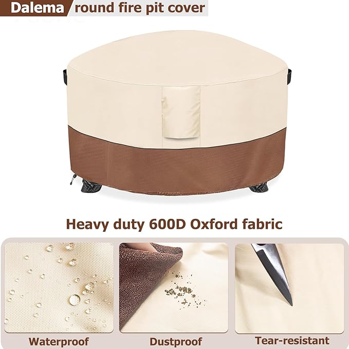 Fire Pit Cover,Outdoor Heavy Duty 600D 100% Waterproof Fire Pit Cover Round,Weatherproof Firepit Covers Round 48" Dia x 24" H,Beige & Brown