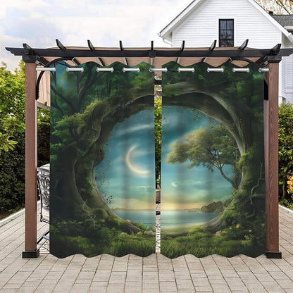 Forest Theme Waterproof Outdoor Curtains for Patio,Trees Moon Lake Pattern,Privacy Weatherproof Grommet Outside Curtains for Porch, Pergola, Cabana,2 Panels,W36 x L84,Green
