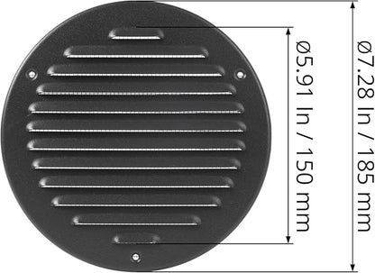 Round Ventilation Grille / 6'' Inch Inside Measurement/Black Metal Air Vent Louver - Inside/Outside use - / 7.25" Inch Outer Measurement