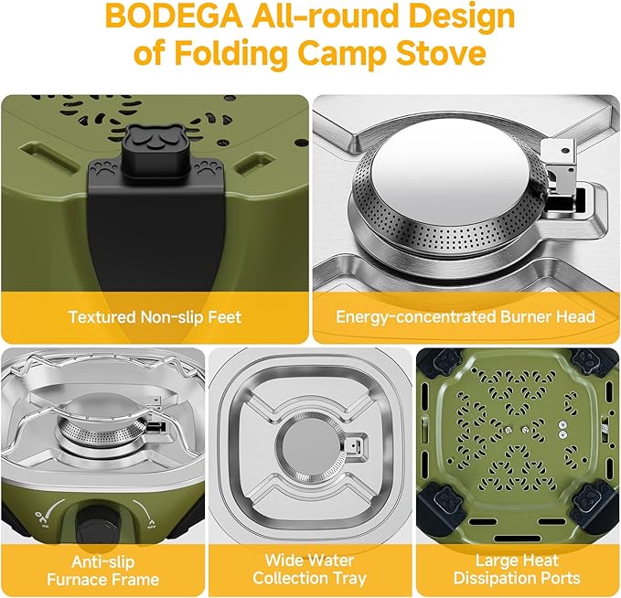 BODEGA 2 Burner Camping Stove, 20000 BTU Folding Propane Camp Stove with Adjustable Burners,Portable Dual Gas Stoves with Carry Handle&Bag for Camping,BBQ,RV,Home,Camping Essentials Gear