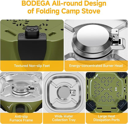 BODEGA 2 Burner Camping Stove, 20000 BTU Folding Propane Camp Stove with Adjustable Burners,Portable Dual Gas Stoves with Carry Handle&Bag for Camping,BBQ,RV,Home,Camping Essentials Gear