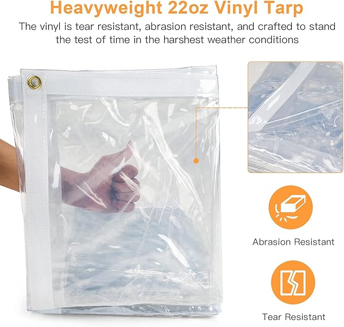 6 x 20FT Outdoor Clear Tarp Curtain Waterproof Wind-Proof 24 Mil Transparent Vinyl Tarp for Patio Pergola Garden Canopy Rainproof Anti-Tear PVC Thick Cover with Grommets